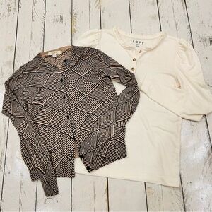 LOFT XS Bundle Cream Henley Top & Black-Tan Geometric Cardigan Set
